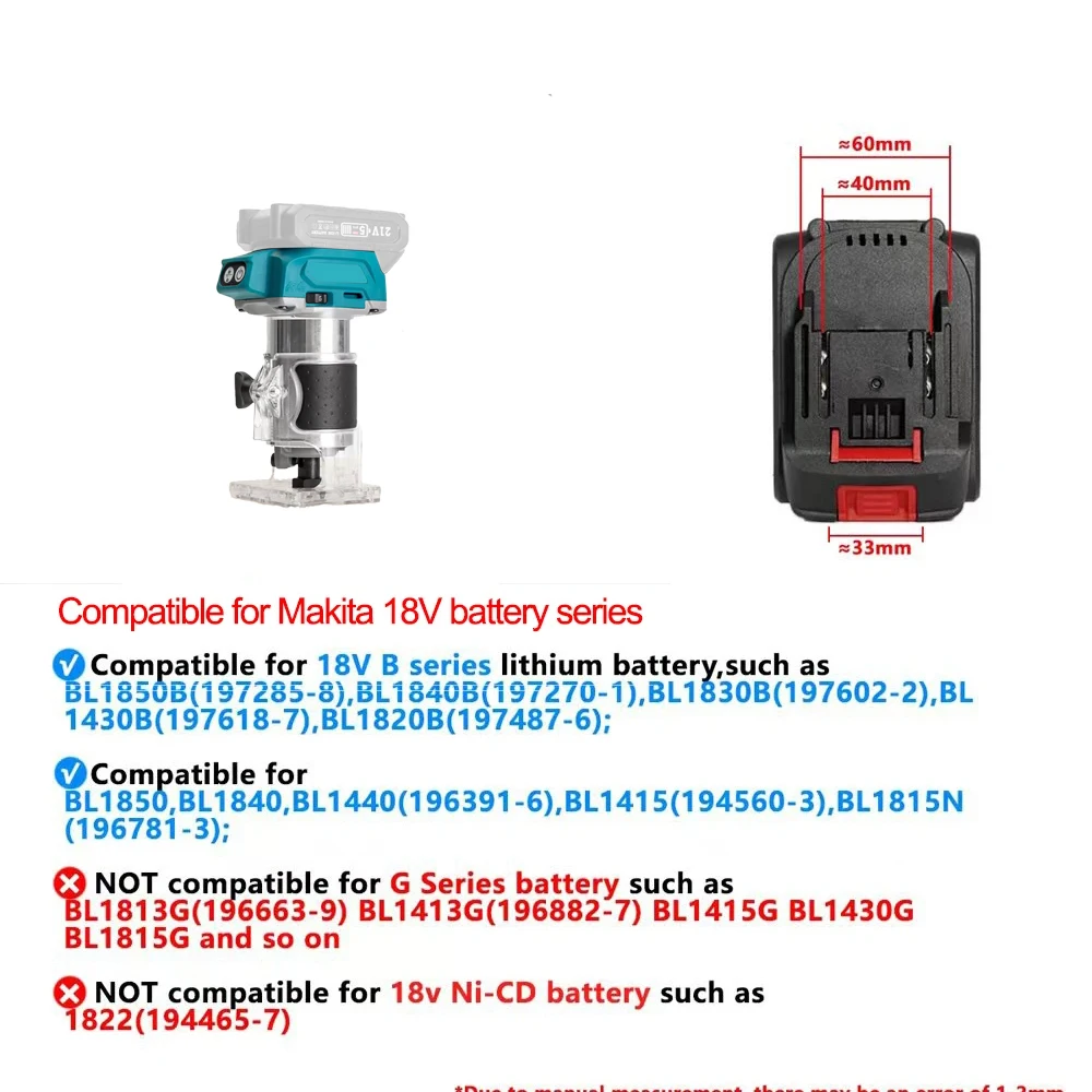Wood Router Electric Trimmer Brushless Woodworking Trimming Wood Router Milling Engraving Slotting Machine Fit Makita/Dewalt 20V No Battery