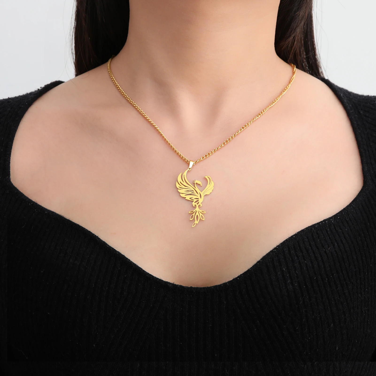 Women's Phoenix Cubic Zirconia Pendant Necklace – Gold Plated Stainless Steel, Bird Charm, 17.7" Chain