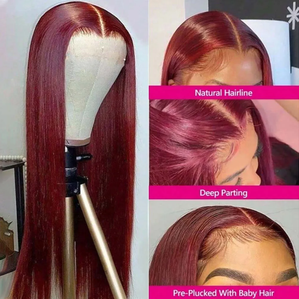 99j Burgundy Lace Front Wigs Human Hair 28 Inch 13x4 HD Transparent Lace Straight Red Wig Human Hair