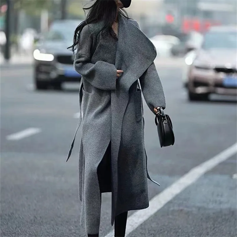 

Women Jumpers Turn Down Collar Cardigan Knitting Sweaters Pockets High Street Solid Color Winter Outerwear Lazy Wind Belt