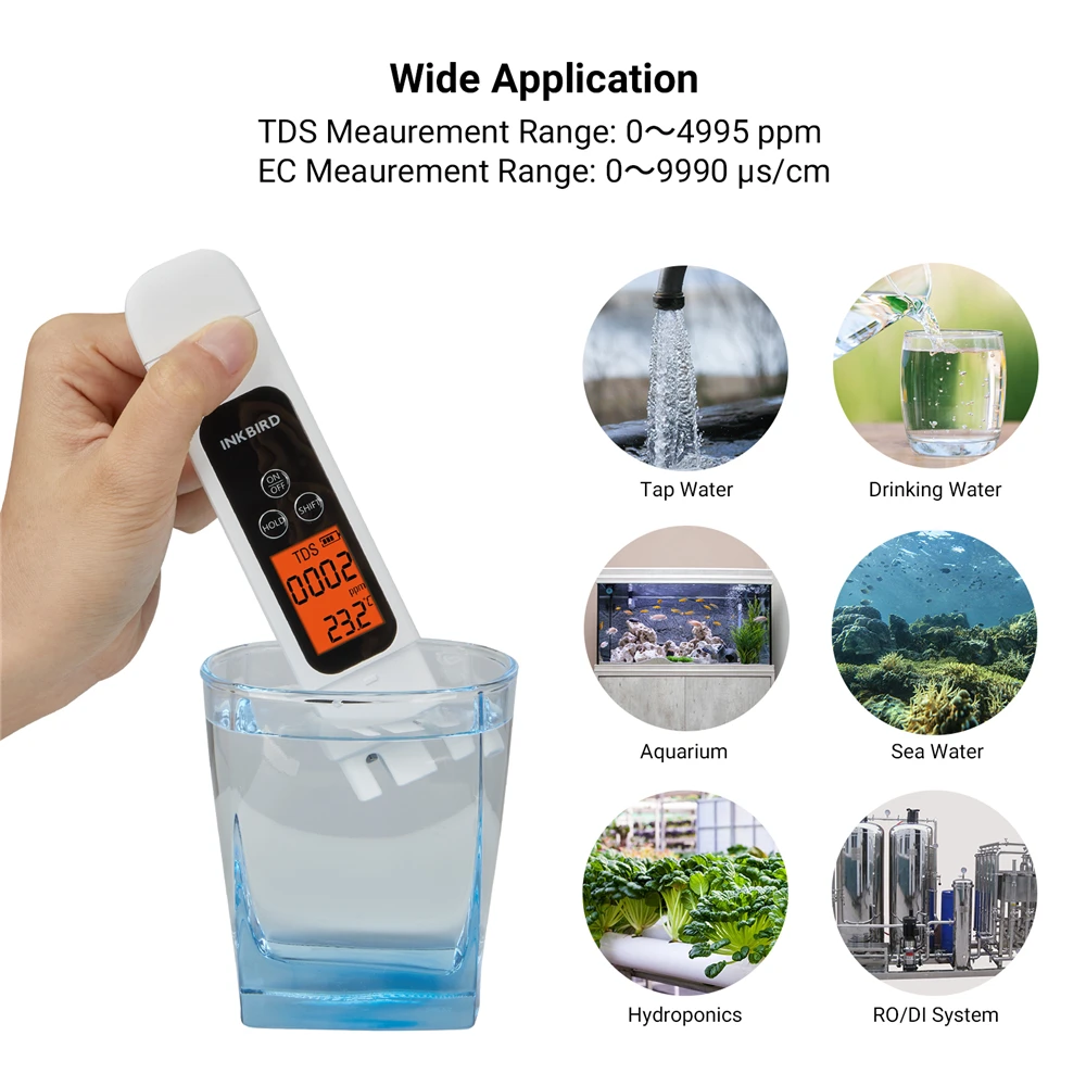 

INKBIRD 3-in-1 Digital Water Quality Tester TDS EC Meter Range 0-9990 Multifunctional Water Purity Temperature Meter with Backli