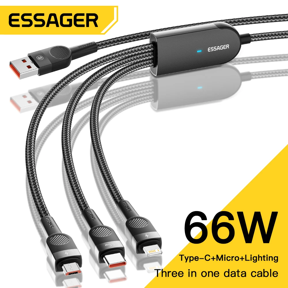 

Essager 6A 66W 3 in 1 USB C Cable For iPhone 14 13 Charger Micro USB Type C Fast Charge For Samsung Xiaomi Huawei POCO Data Cord