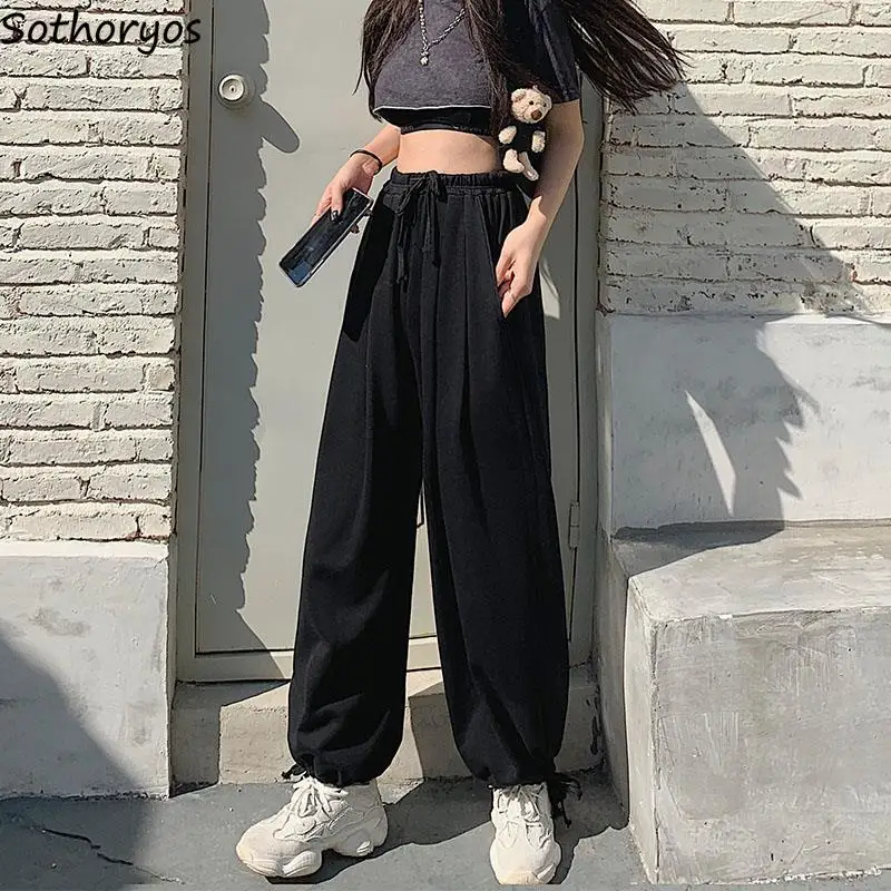 

S-4XL Casual Pants Women Solid Folds Sporty Designed All-match Simple New Korean Style Basics Students Graceful Prevalent Spring