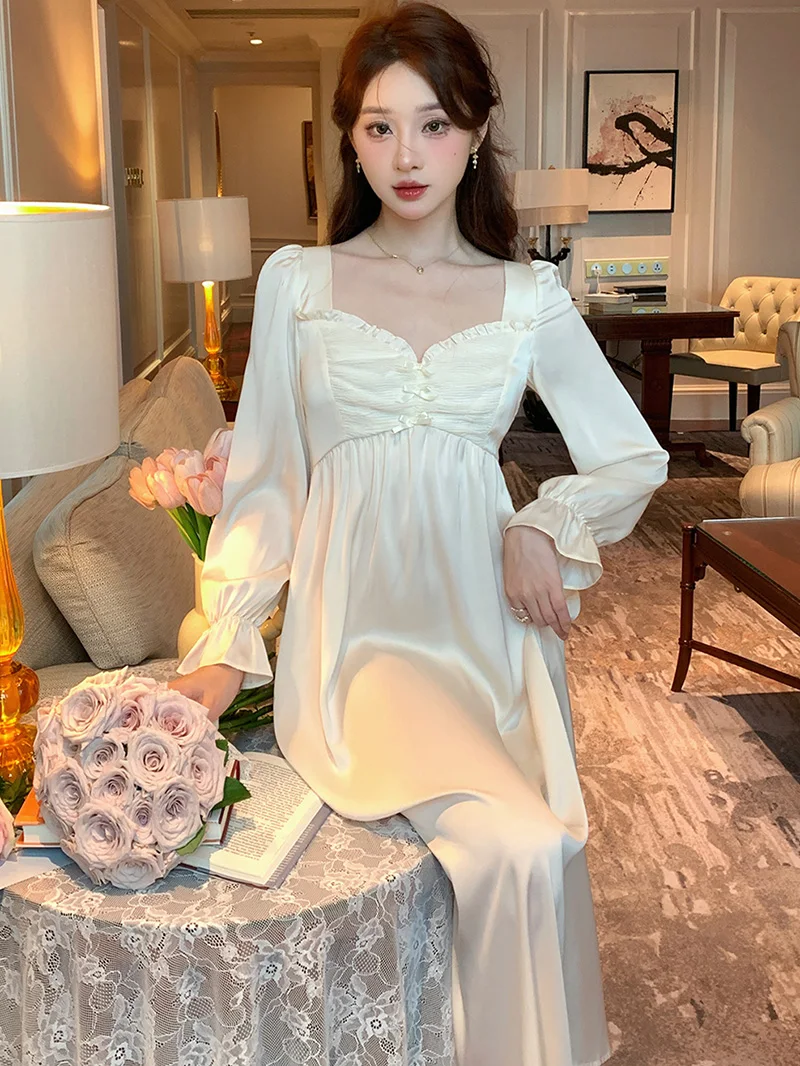 

Women Long Sleeve Rufflers Pajama Nightdress Ladies Autumn French Silk Mesh Sweet Princess Nightgowns Victorian Home Sleepwear