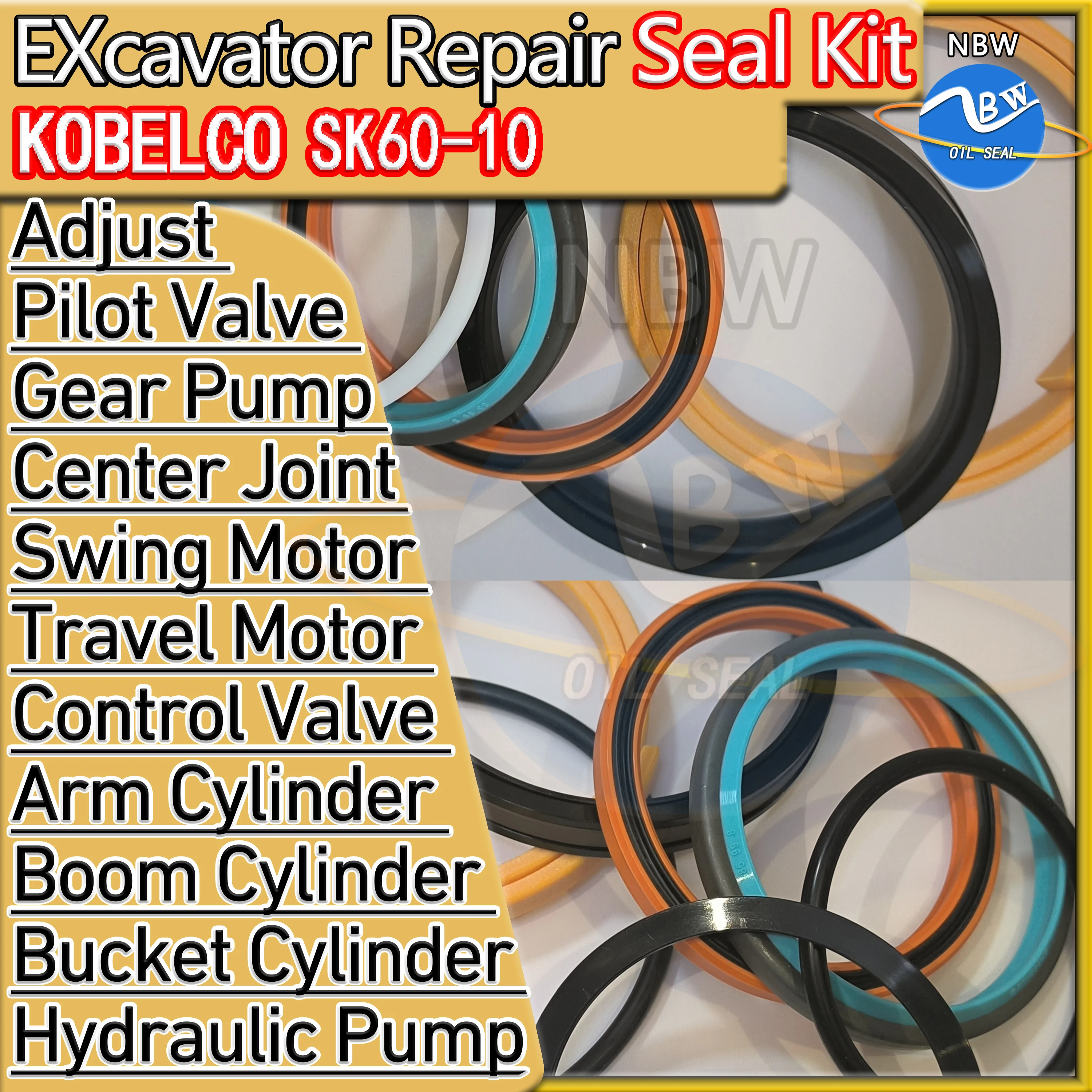 

KOBELCO SK60-10 Oil Seal Kit Pilot Valve Gear Pump Center Joint For Excavator Hydraulic Repair O-ring Swing Motor SK6010 Gasket