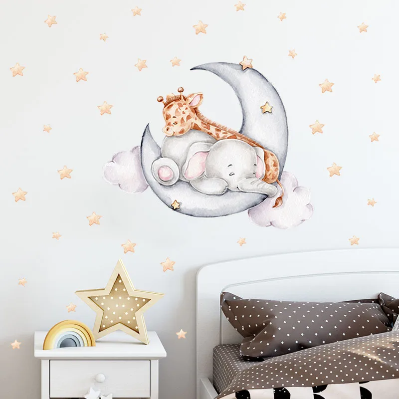 Cute Cartoon Bear Bunny Star Moon Wall Stickers for Kids Rooms Baby Room Wall Decor Wallpaper Girls Boys Bedroom Nursery Sticker