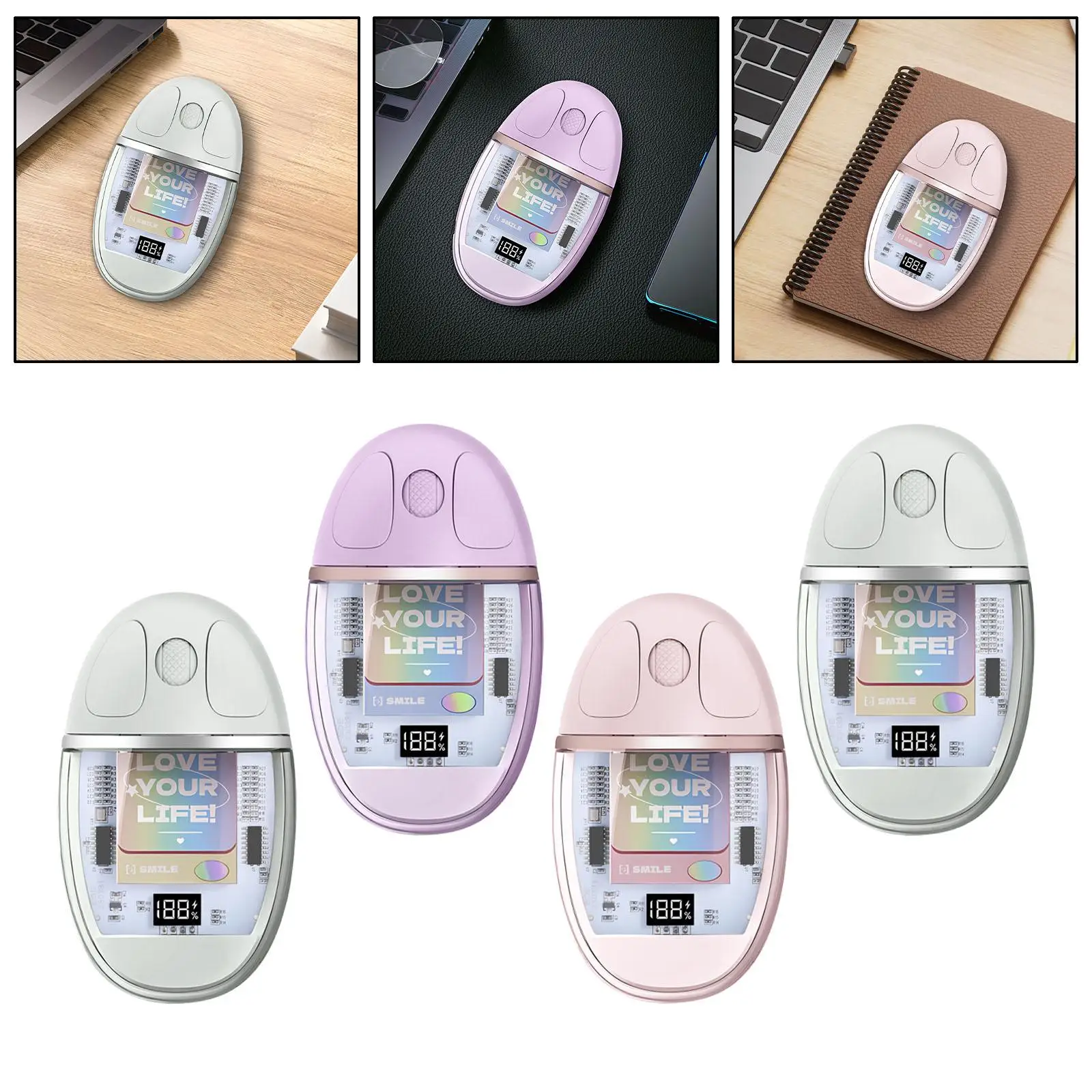 블루투스 무선 USB 마우스 및 LED 디스플레이, 인체 공학적 무소음 컴퓨터 마우스, 컴퓨터 태블릿, 어린이 성인 선물 노트북
