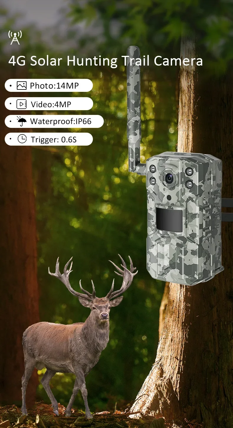 2560x1440 4G Solar Trail Camera, Trail camera captures high-quality photos and videos, waterproof and fast-triggering, ideal for outdoor use.