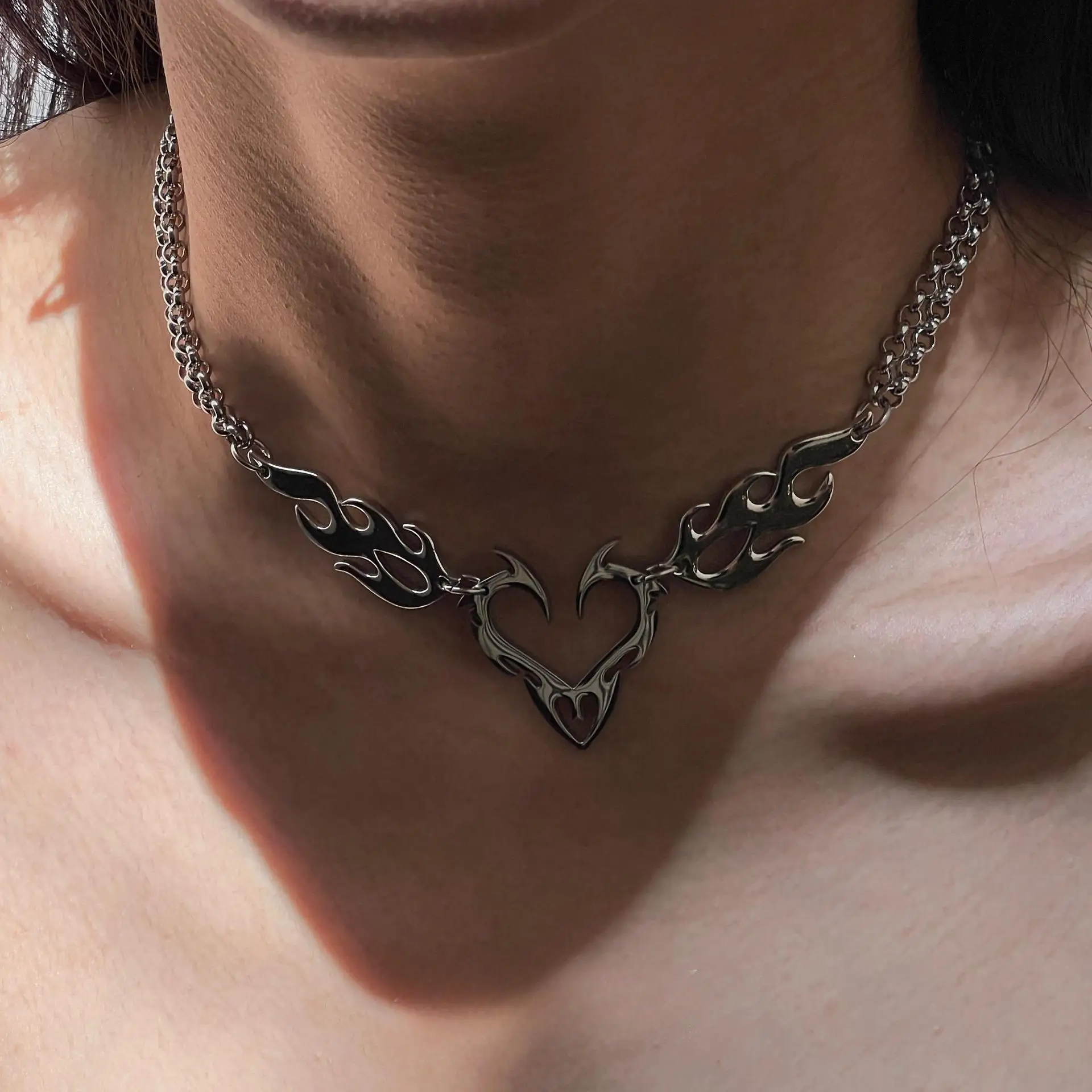 Hip Hop Flame Heart Necklace - Stainless Steel Hollow Fire Burning Love Geometric Chain For Men & Women | Punk Goth Trendy Jewelry