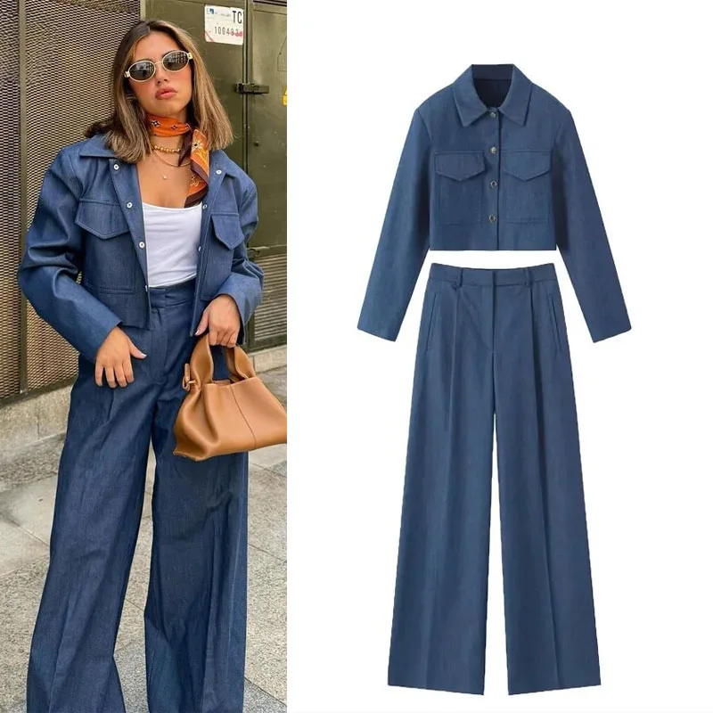 

TRAF Blue High Waist Wide Leg Pants Women Fashion Casual Oversized Trousers Female Vintage Shoulder Pad Cropped Jackets Sets