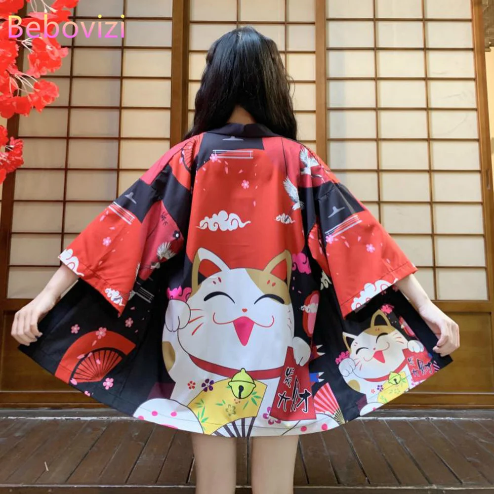 

Lucky Cat Cardigan Kimono Women Japanese National Style Kimono Traditional Tops Blouse Yukata Clothes Kawaii Robe Beach