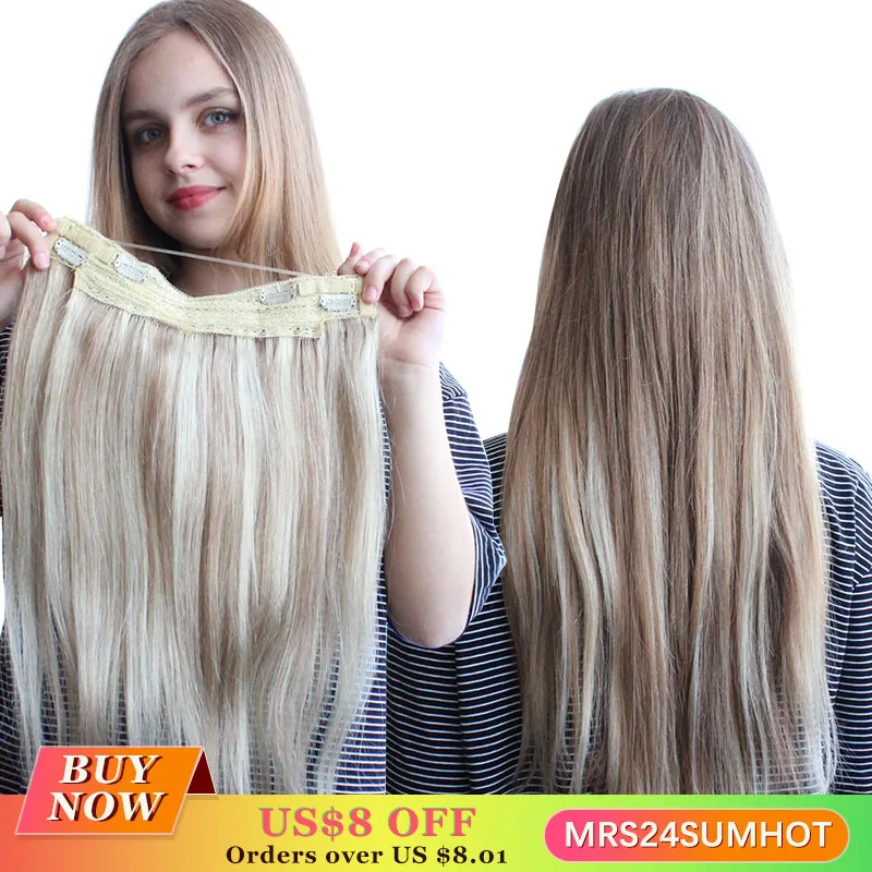 Invisible Clip in Human Hair Extensions Fish Wire Line 4 Clips Real Natural Hairpieces 12"-20" For Fine Add Volume