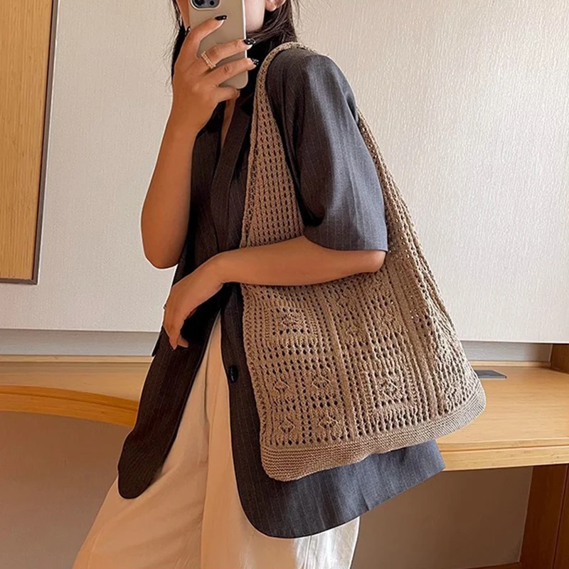 Handwoven Beach Crochet Bag for Women Lightweight Knitted Tote Handbag Summer Shopping Travel Shoulder Purse