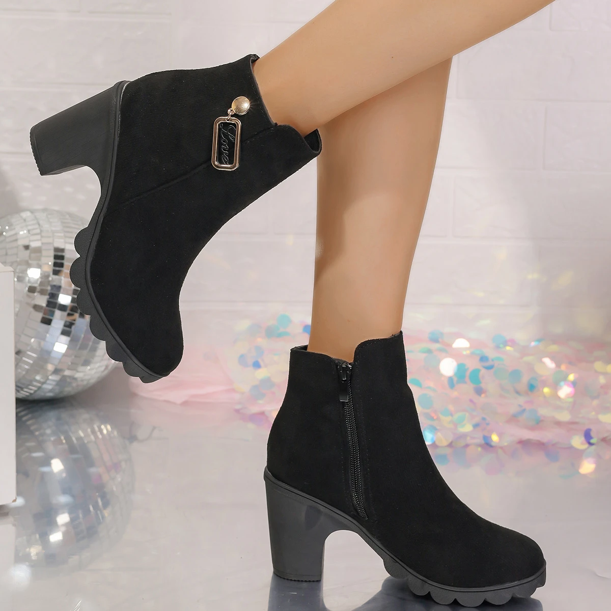 Aphixta 8cm High Heel Black Ankle Boots Buckle Side Zip Women Elegant Platform Lady Footwear Shoes Women Autumn Winter Boots