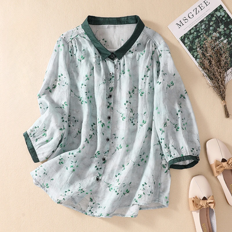 

Женская рубашка в китайском стиле, летние хлопковые льняные винтажные блузки, одежда с принтом, свободные женские топы с коротким рукавом YCMYUNYAN