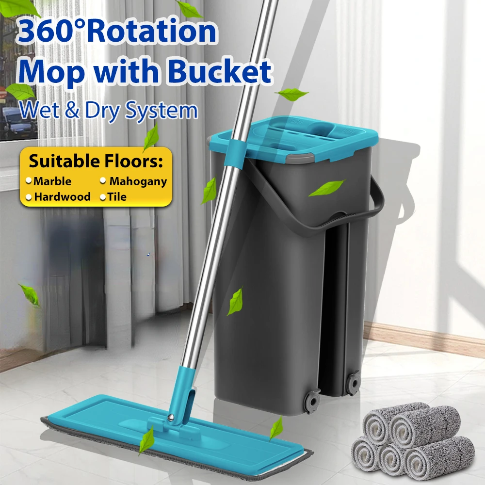 

Flat Squeeze Mop with Spin Bucket Hand Free Wringing Floor Cleaning Microfiber Mop Pads Wet or Dry Usage on Hardwood Laminate