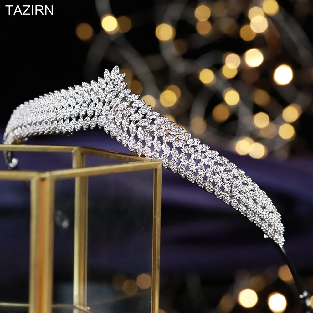 Свадебные короны невесты TAZIRN, циркониевая диадема, арабские тиары с фианитами, головные уборы принцессы, элегантные аксессуары для волос для конкурса, женский подарок