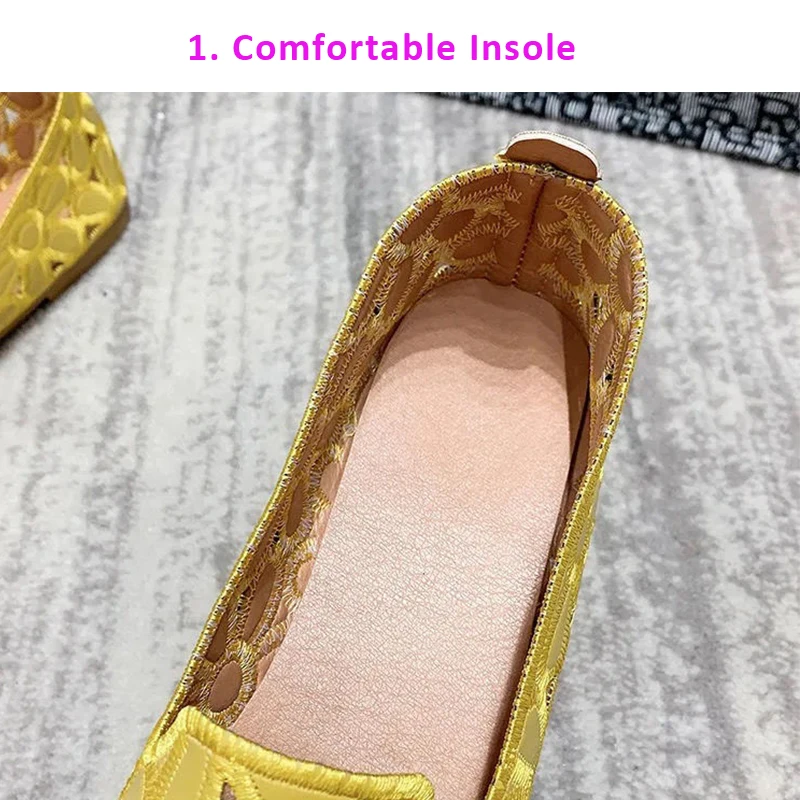 Top Quality Women's Hollow Ballet Flats Yellow Emboridery Designer Shoes for Women 2022 Summer Square Toe Soft Leather Moccasins tesco shoes women's flats	