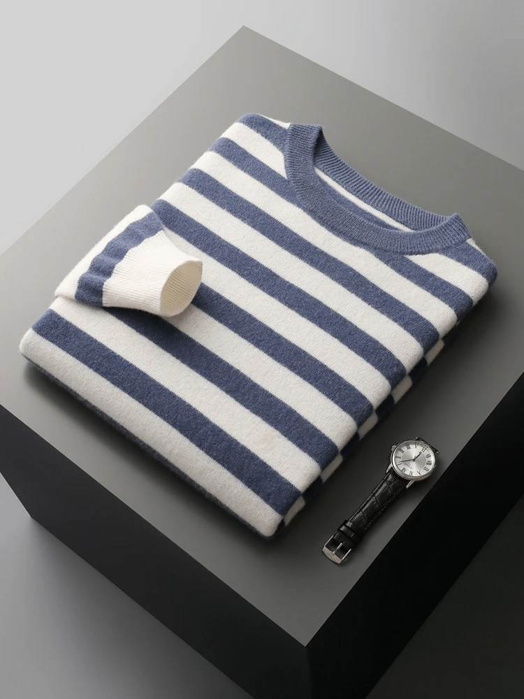 

100% Merino Wool New Men's Pullover Sweater O-neck Long Sleeve Striped Knitwear Casual Jumper Spring Autumn Clothes Korean Top