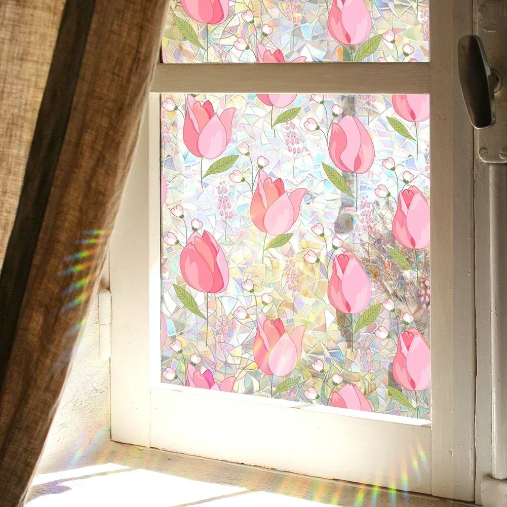 Pink Flower Tulip Double-sided Visible Colorful Sunlight Static Window Sticker Decorative Sticker Can Be Cut