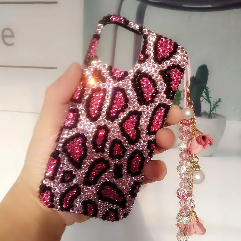 Rose Red Leopard Print Rhinestone with Crystal Hanging Chain Phone Case for Samsung Galaxy S24 S24Plus S23 S20FE S20 S20Plus