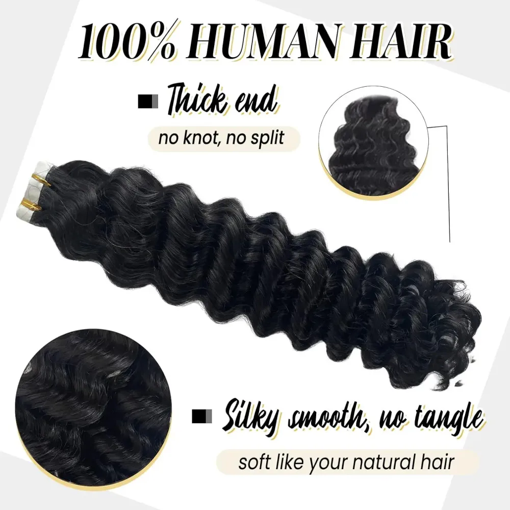 Tape In Hair Extensions Human Hair Deep Wave Invisible Seamless Tape In Extensions 16-26 Inches Natural Black #1B For Woman human hair extensions hair extensions
