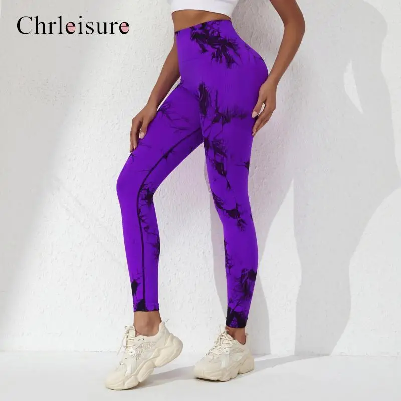 

CHRLEISURE Tie Dyeing Sports Leggings for Women Peach Buttocks Fitness Leggings Seamless Gym Leggings High Waist Push Up Workout