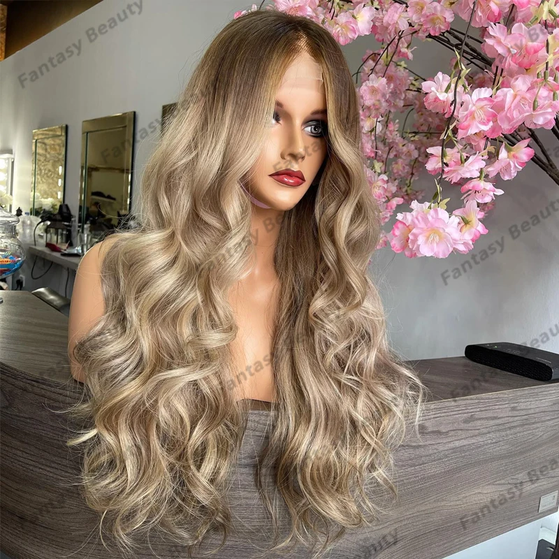 

Ombre Ash Blonde Remy Human Hair Women Wigs Natural Hairline Glueless 200Density 13x4 Transparent Lace Front Wigs Bleached Knots