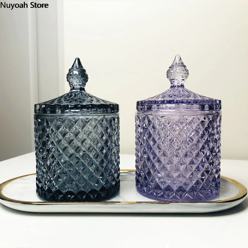 Storage Box Storage Jar Storage Sets Household Storage Sets Crystal Glass Jar European-style Diamond Pattern Candy Storage Box Cotton Swab Box Sealed Jar Living Room Home Furnishings