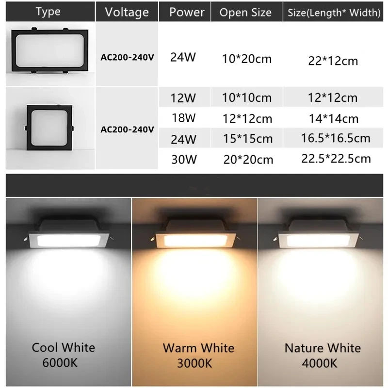 AC220-240V 공장 가격 그릴 다운라이트 볼드 12W 18W 24W 그리드 라이트 LED 천장등 매립형 직사각형 조명 복도용