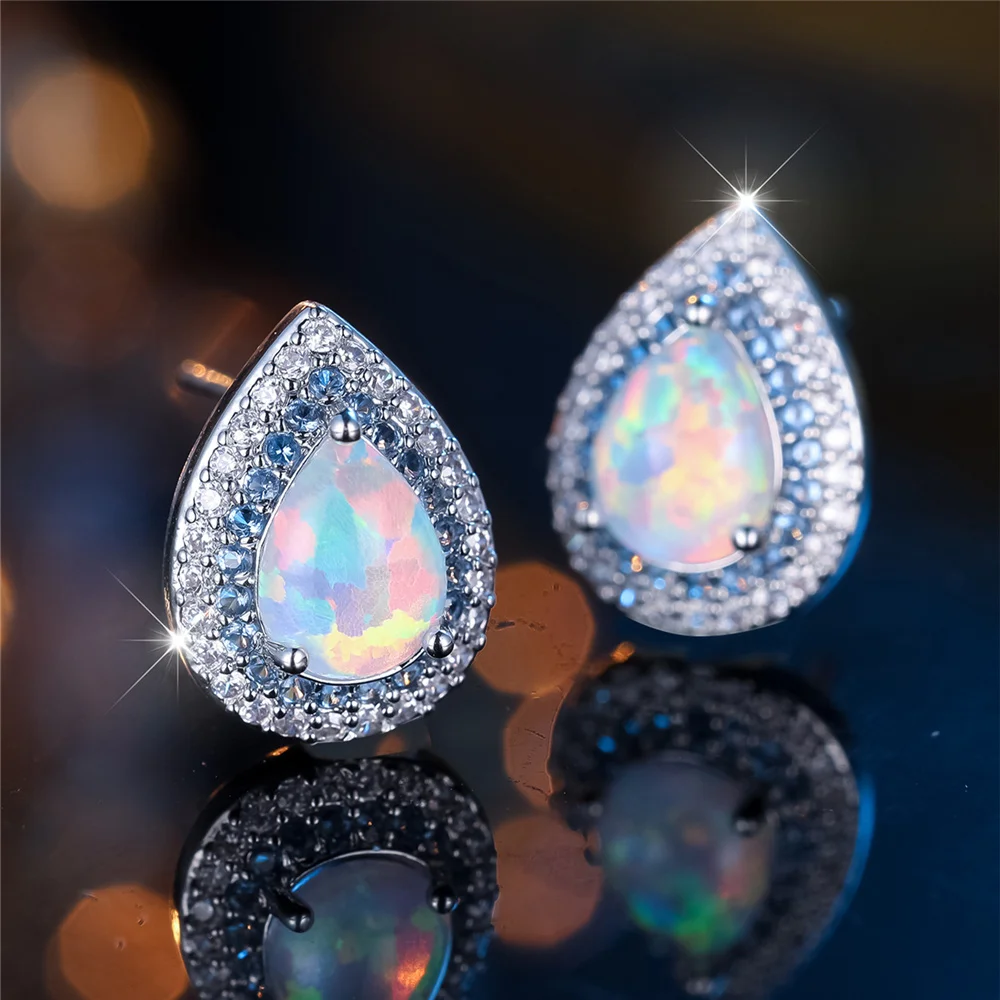 Female Cute White Opal Stone Water Drop Stud Earrings Silver Color Wedding Jewelry For Women