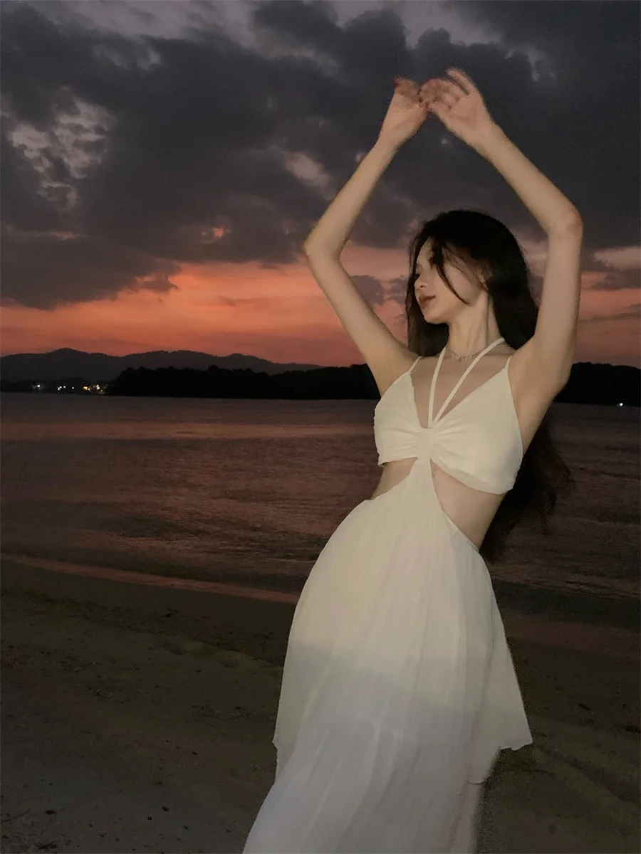 Summer New Fashion Sexy Pleated Holiday Beach Long Dresses for Women Vacation Spaghetti Strap A line Ladies Robe 2025 Sundress