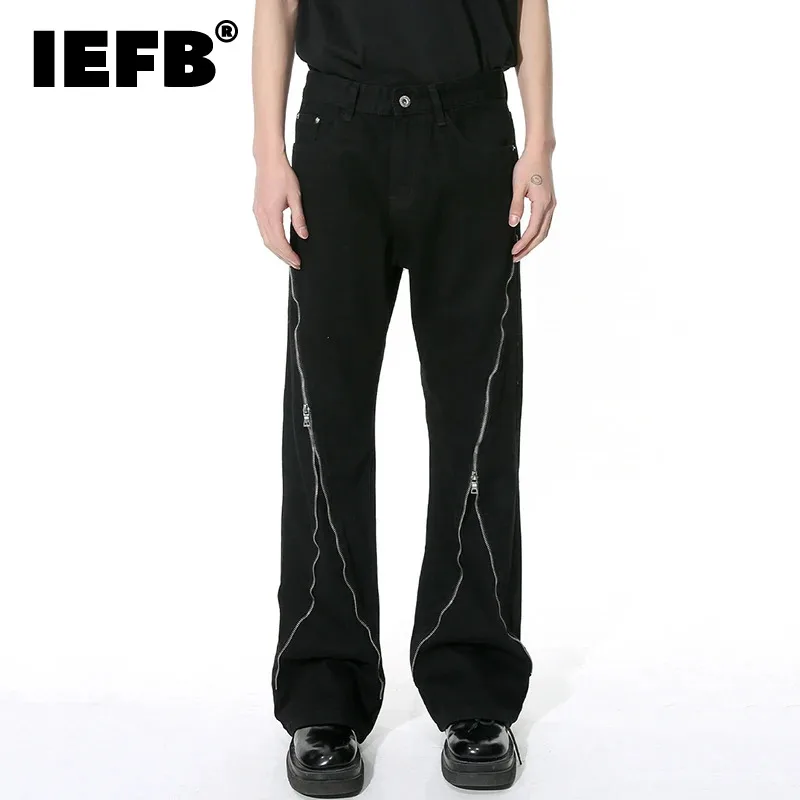 

IEFB Male Wide Leg Pant Personality Zipper Patchwork Slit Design Solid Color Men's Trousers Casual Spring New Trendy 2024 9C4511