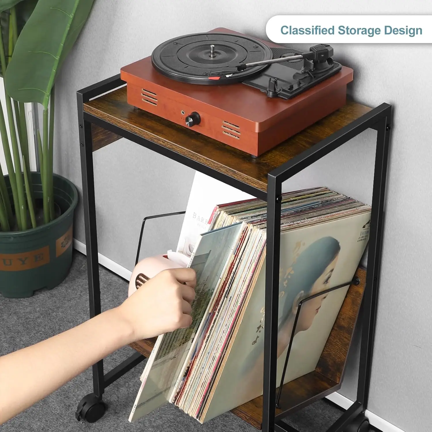Recorder stand with vinyl storage side table, 2-story recorder table with charging station, and classified storage 3