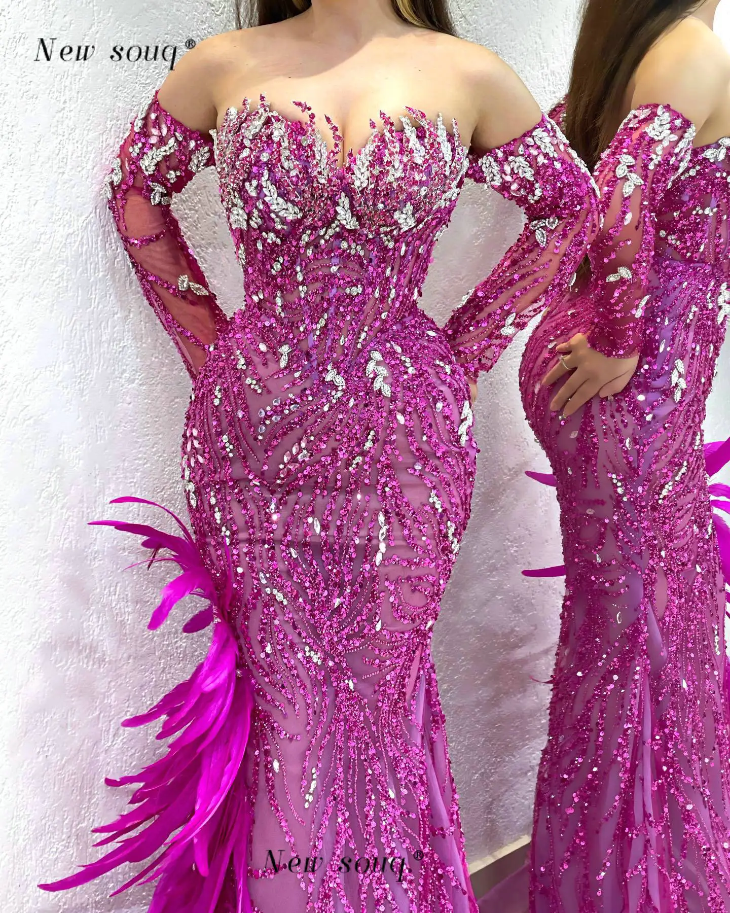 

Feathers Fuchsia Sexy Off the Shoulder Evening Dresses Crystals Beaded Long Sleeved Celebrity Party Gowns vestidos para mujer