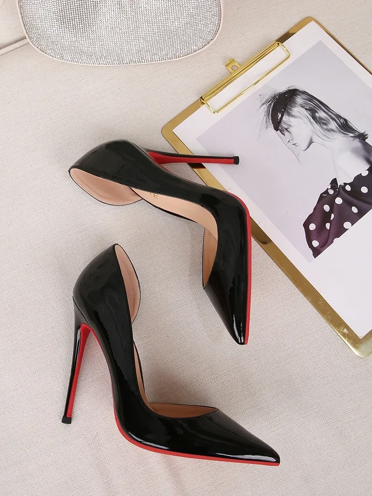 2025 Summer New Side Empty Pointed High Heels for Women Thin Heels 6cm 8cm 10cm 12cm Sexy Black Bottomed Red Leather Pumps 4