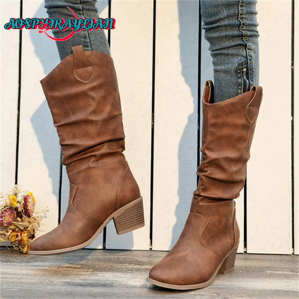 New Ladies Mid-Calf Boots Fashion Slip-on Chunky High Heels women's Western Cowboy Boots Casual Party Vintage Retro Shoes Woman