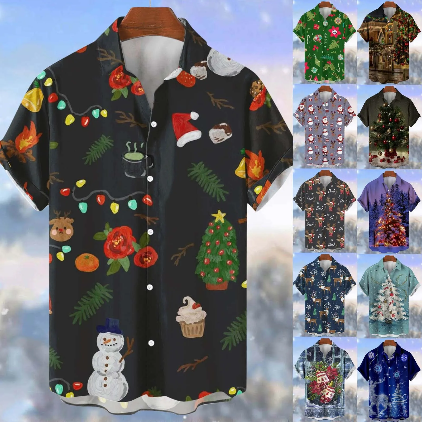 

Mens Christmas Fashion Trend Printed Short Sleeved Lapel Button Down Shirt Top Button Art 3d Digital Print Streetwear