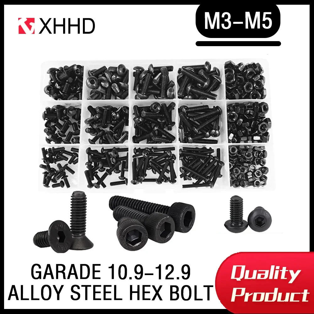 

Countersunk Hex Alloy Steel Bolts10.9 Grade Hexagon Socket Cap Button Head Machine Screws Grade 12.9 Nuts Kit Bolt Set M3 M4 M5