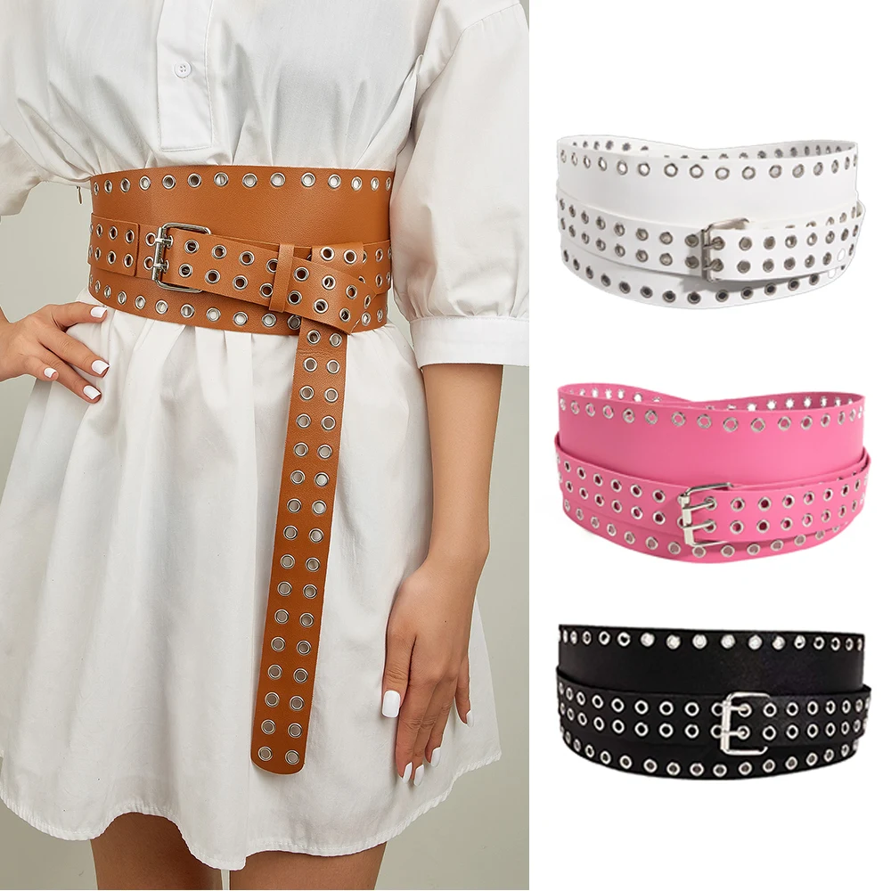 

Y2K Eyelet Grommet Metal Buckle Leather Belt Punk Style Wide Corset Belts Commerbund Women Jeans Dress Decorative Waistbands