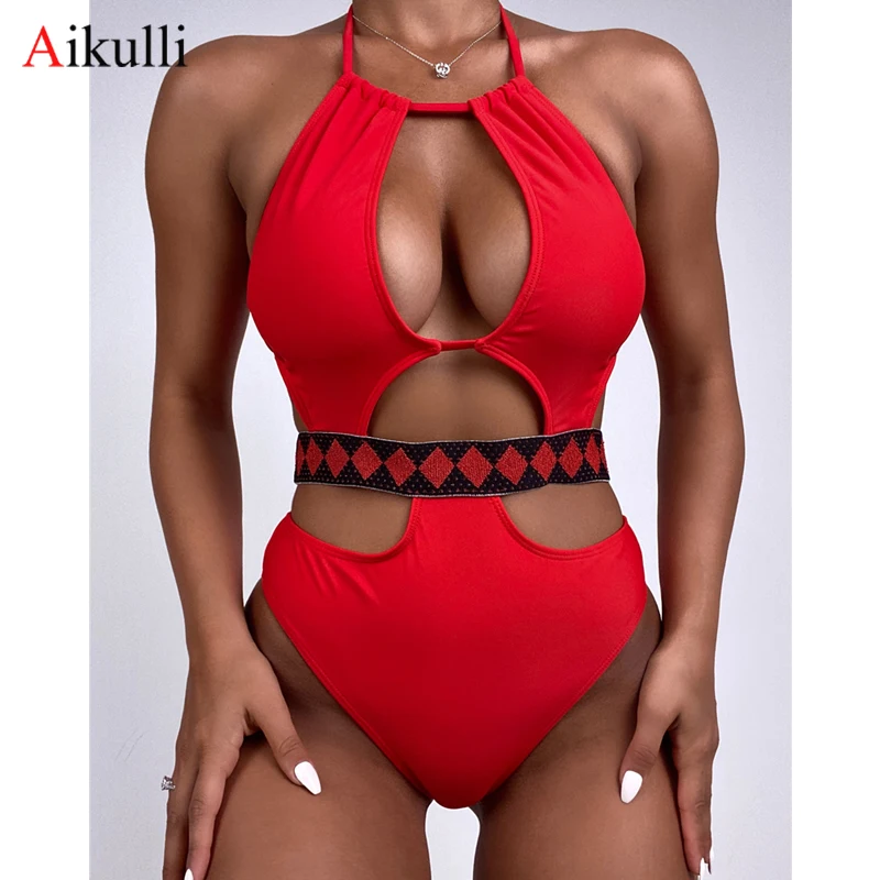 

Women's Halter Cut Out One Piece Swimsuit Red Lace Swimwear 2022 Summer New Female Beachwear Monokini Bodysuit Bathing Suit Swim
