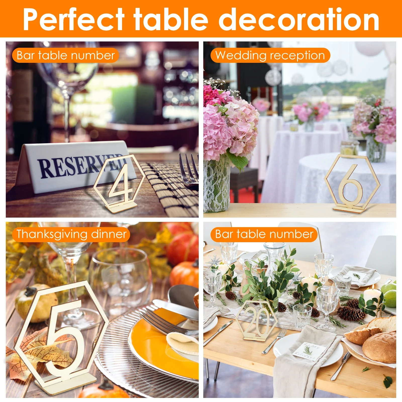 40Pcs Wooden Table Numbers with Holder Base 1 to 40 Wedding Table Numbers Hexagon Shape Table Numbers Reusable Tables Number
