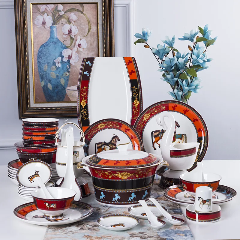 

Jingdezhen 60 piece bone china tableware set ceramic dishes household Chinese gift tableware