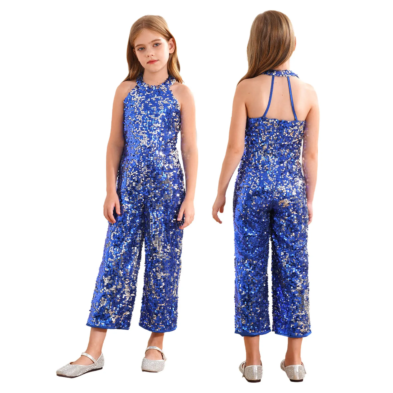 Teen Girls Sequin Party Bodysuit Sleeveless Halter Neck Jumpsuit Birthday Wedding Party Evening Dance Stage Performance Rompers 3