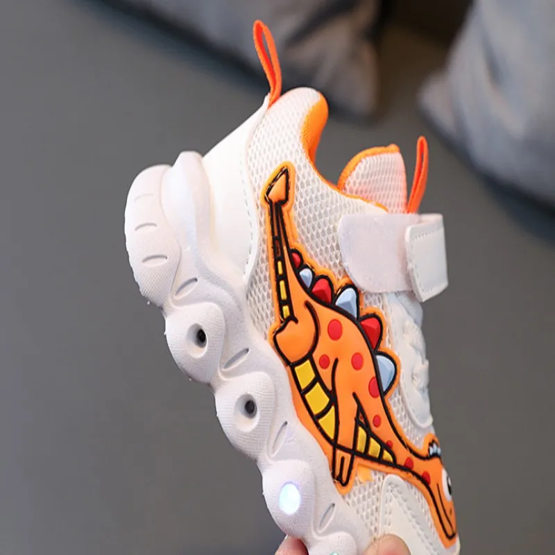 Spring Autumn New Boys' Girls' Dinosaur LED Light Sports Shoes With Mesh Surface Breathable And Casual Light Shoes Children