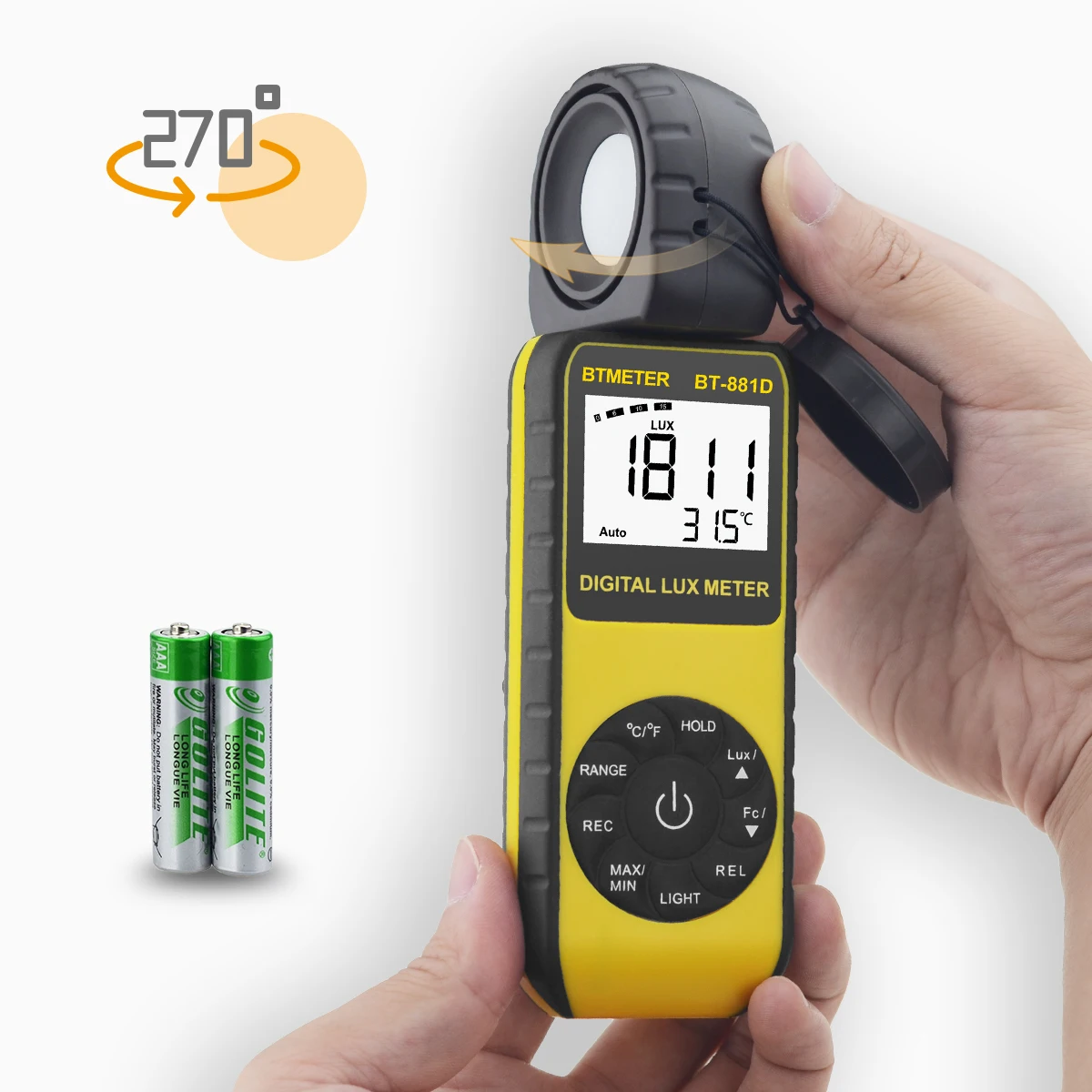 

BTMETER-Digital illuminometer Portable Environmental Thermometer LCD Display With LUX/FC Rotating Sensor Head BT-881D Yellow