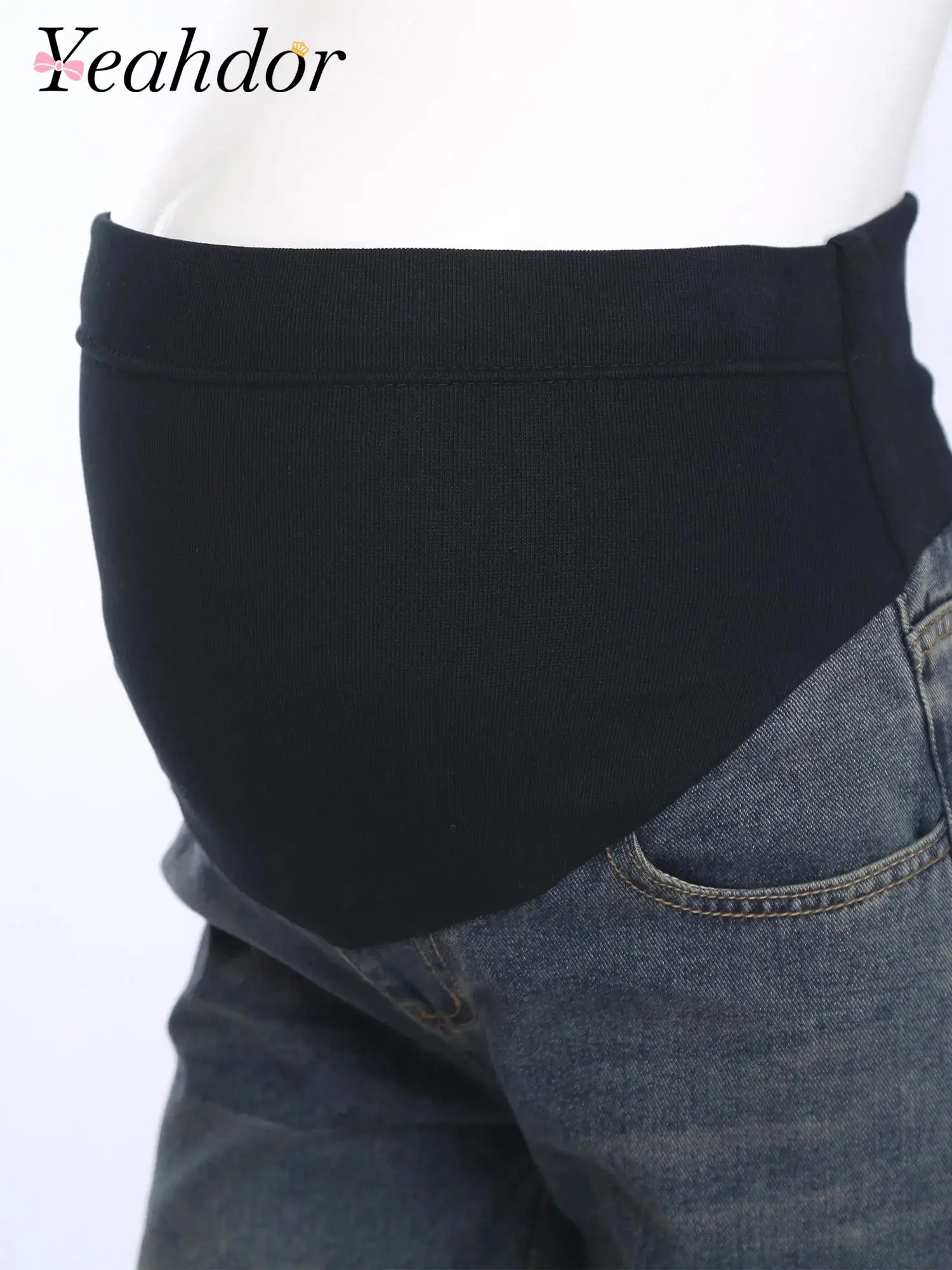 프레마마 의류 임산부 엄마 청바지 조절 가능한 하이웨이스트 바지 임산부 캐주얼 와이드 레그 데님 팬츠 포켓 포함