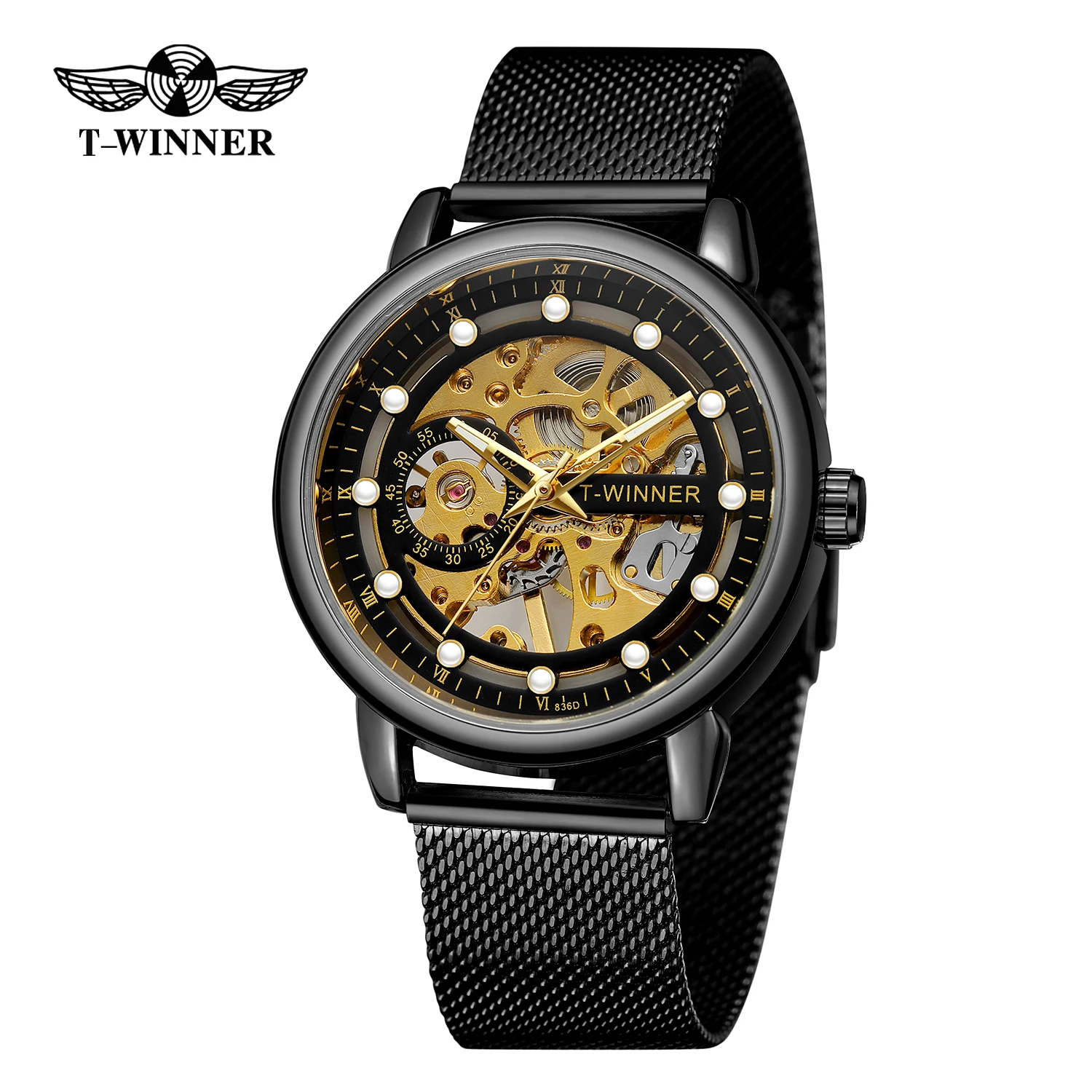 

T-winner Brand Men's Metal Wrist Watches Luxury Business Waterproof Luminous Man Mesh Skeleton Mesh Stainless Steel Mechanical