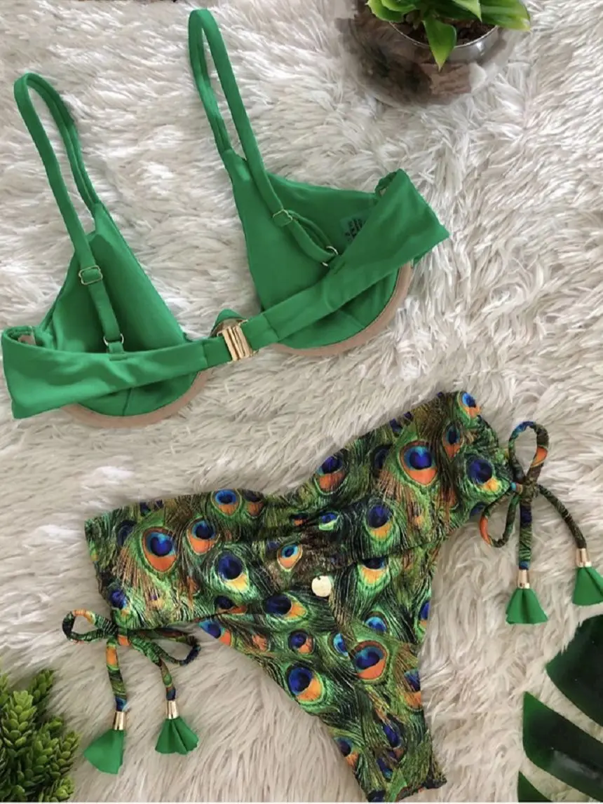 2021 Peacock print swimsuit Sexy push up bikinis mujer halter swimwear women Swimming suit for women swim suit bather