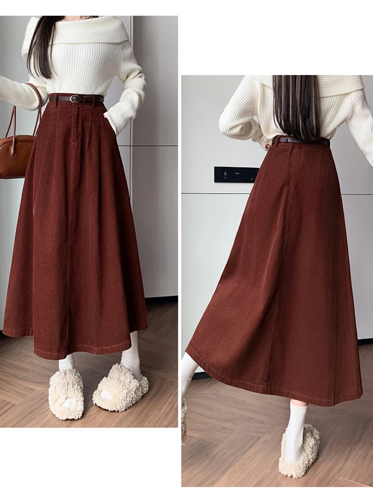 Elegant Winter Corduroy Maxi Long Skirt Women Fashion Korean Big